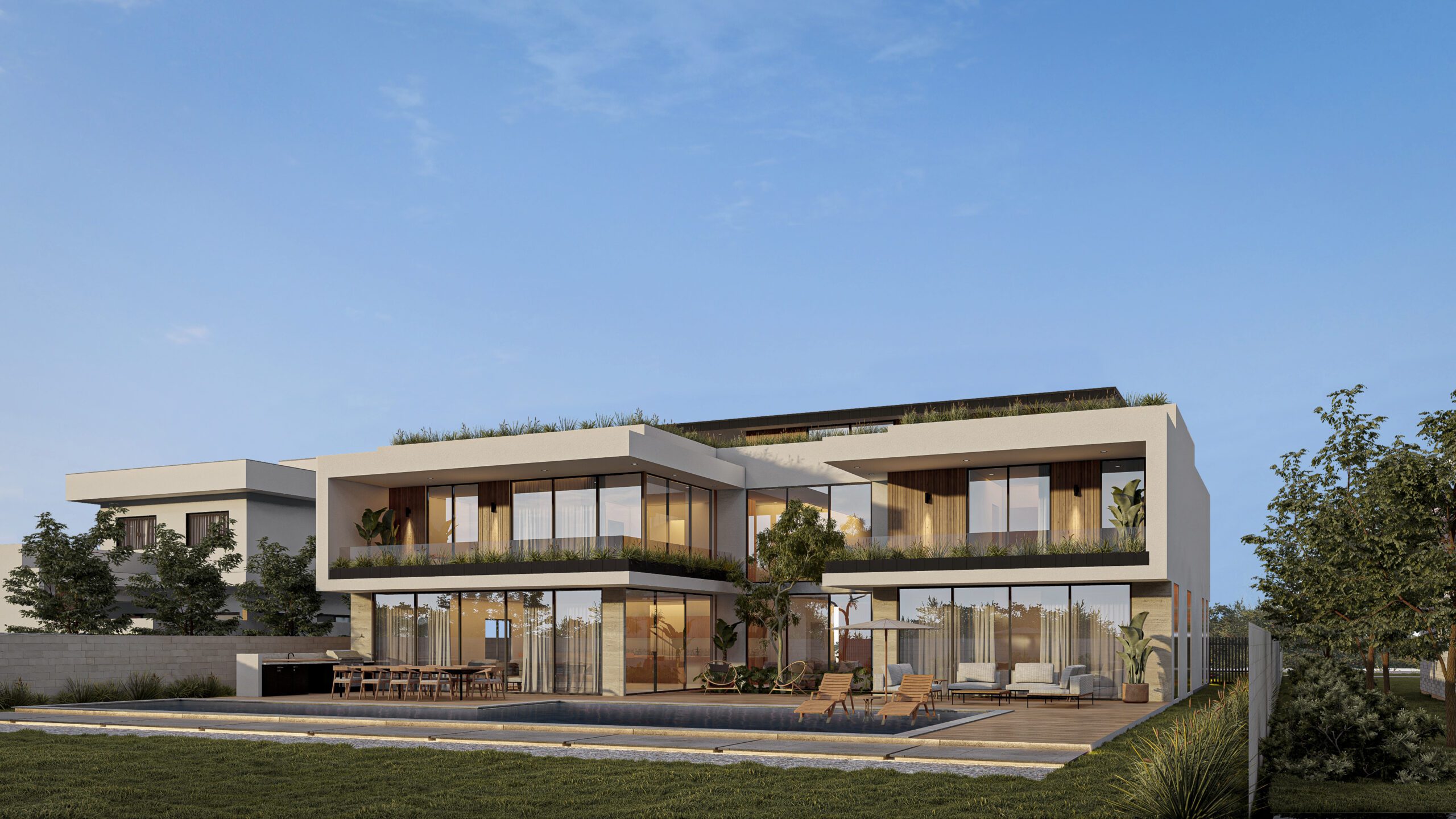 Bristol pool terrace design with glazed rooms and planted balconies
